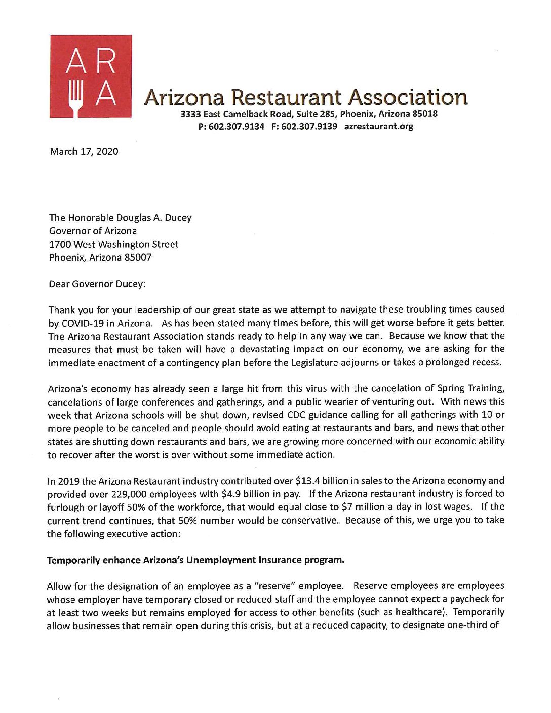 Letter to Governor | Arizona Restaurant Association